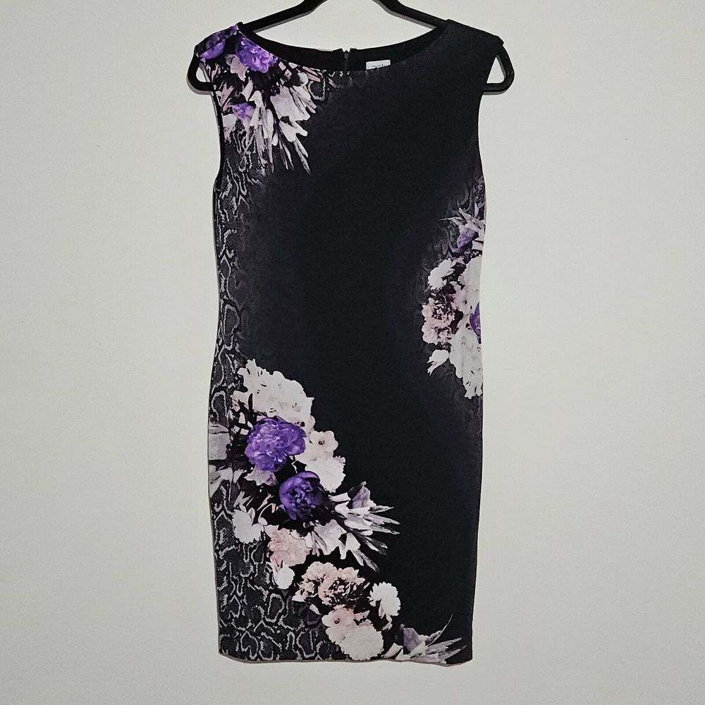Sleeveless Black Floral Sheath Dress - Purple Floral Accent